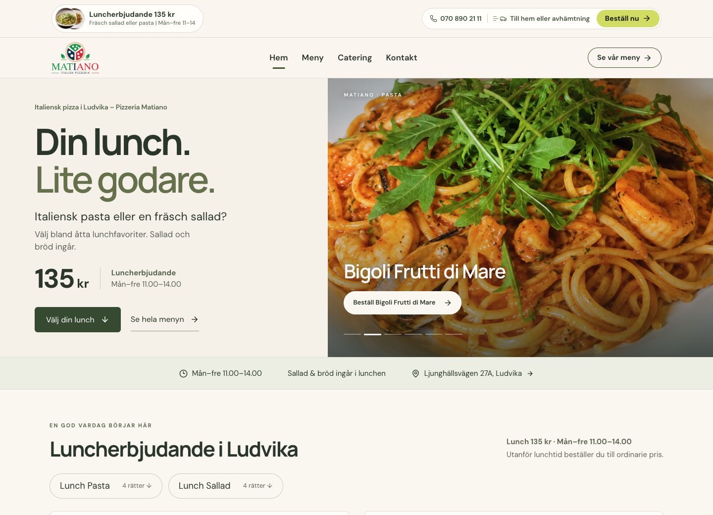 Datorvy av webbplatsen för Pizzeria Matiano, designad och utvecklad av Codexier