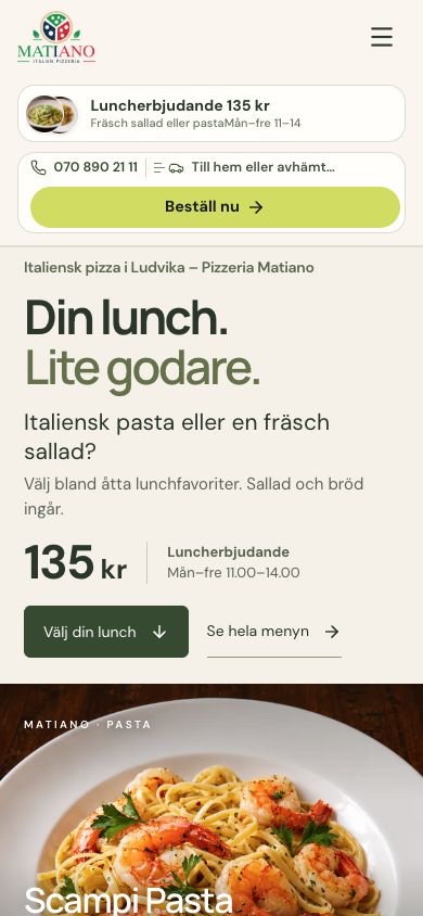 Mobilvy av webbplatsen för Pizzeria Matiano, designad och utvecklad av Codexier