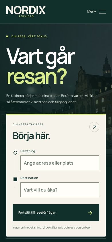 Mobilvy av webbplatsen för Nordix Services, designad och utvecklad av Codexier