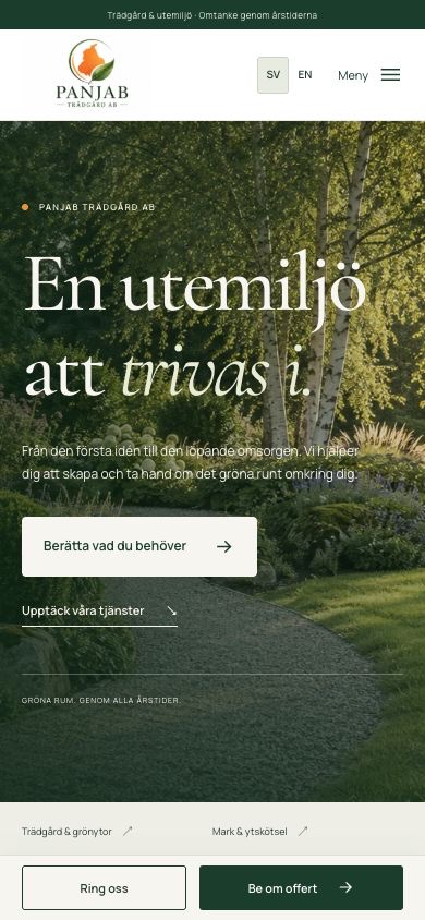Mobilvy av Panjab Trädgård AB:s webbplats, designad och utvecklad av Codexier