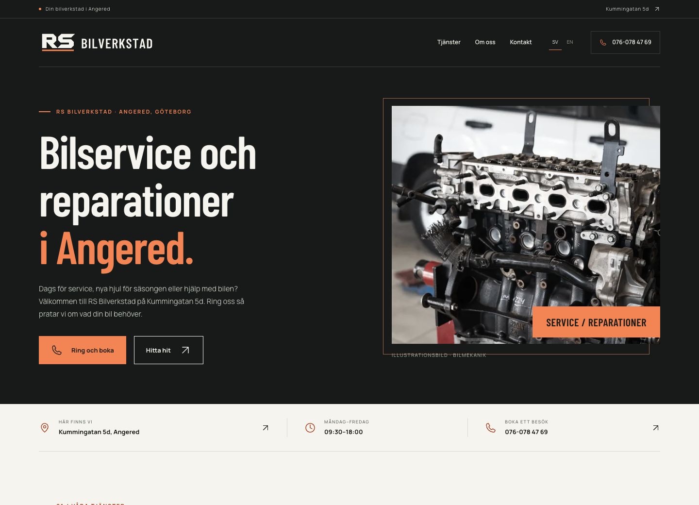 Datorvy av webbplatsen för RS Bilverkstad, designad och utvecklad av Codexier