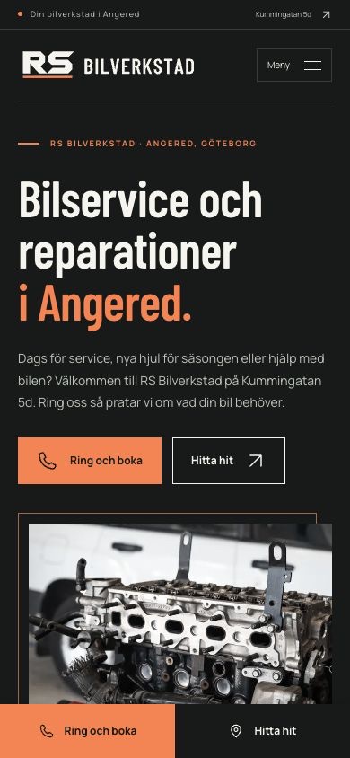 Mobilvy av webbplatsen för RS Bilverkstad, designad och utvecklad av Codexier