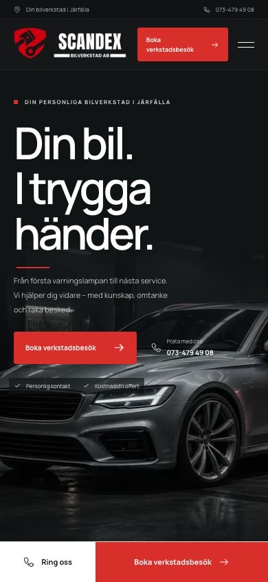 Mobilvy av webbplatsen för Scandex Bilverkstad AB, designad och utvecklad av Codexier