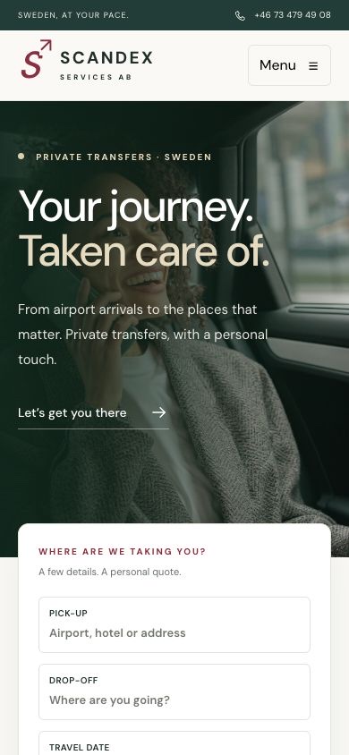 Mobilvy av webbplatsen för Scandex Services AB, designad och utvecklad av Codexier